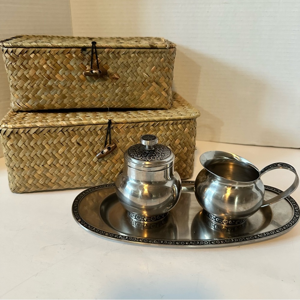 Vintage 1970’s Oneida 18/8 Stainless Steel Sugar & Creamer Set w Tray